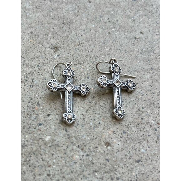 Vintage Cross Silver Tone Hook Religious Cross Dangle White Stone Earrings 1” - Picture 11 of 16